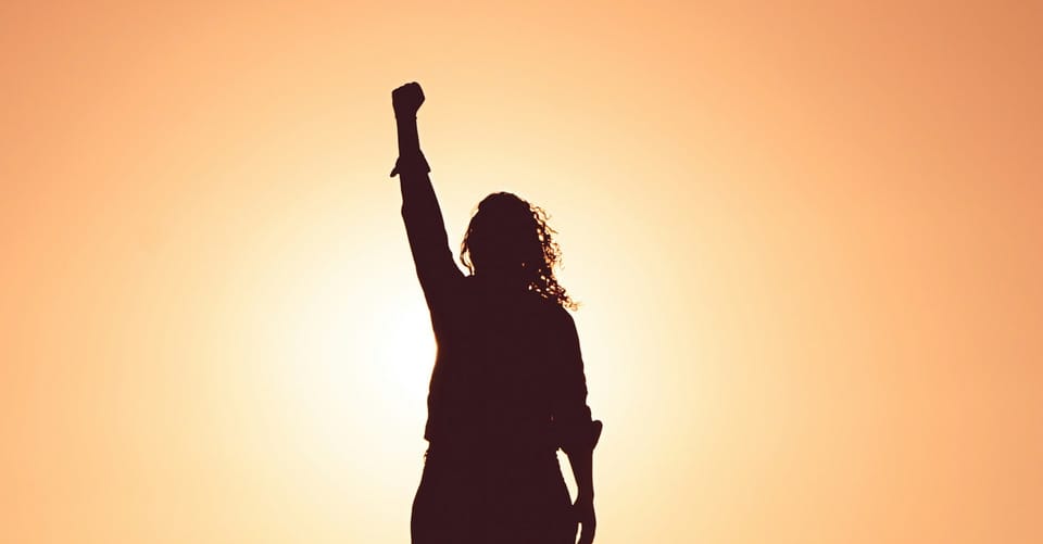 A silhouette of a person with long curly hair raises a fist in front of an orange sk